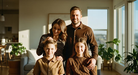 A smiling family of four posing together in a bright, modern living room with large windows and indoor plants.の素材