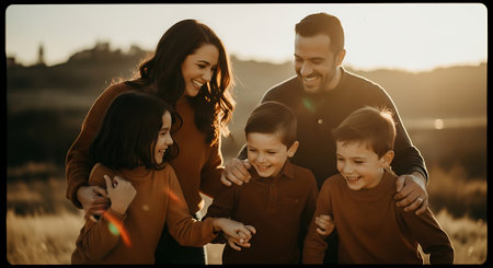 A joyful family of five, including parents and three children, embracing and laughing during a warm sunset in an open field.の素材