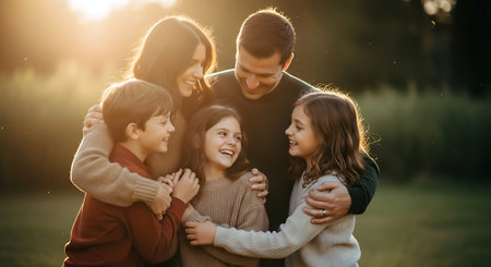 A joyful family of five embracing in a warm, sunny field.の素材