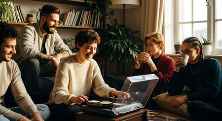A group of friends gathered in a cozy living room, working together on a laptop. The room features warm lighting, plants, and a relaxed atmosphere.の素材