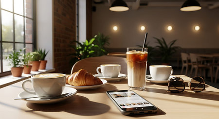 A warmly lit cafe table set with croissants, coffee cups, and an iced drink, accompanied by a smartphone and glasses.の素材