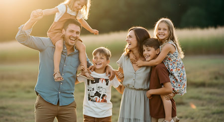 A joyful family of six, including parents and four children, laughing and playing together in a lush green field during sunset.の素材