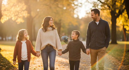 A family of four holding hands and walking down a path in a park during autumn, surrounded by trees with yellow leaves and warm sunlight.の素材