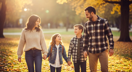A family of four holding hands and walking in a park during autumn, surrounded by fall leaves and trees.の素材