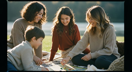 Four individuals, including children, sitting on a blanket enjoying a picnic by a serene lake.の素材