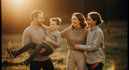 A joyful family of four, including two adults and two children, walking together in a field during a warm sunset.の素材