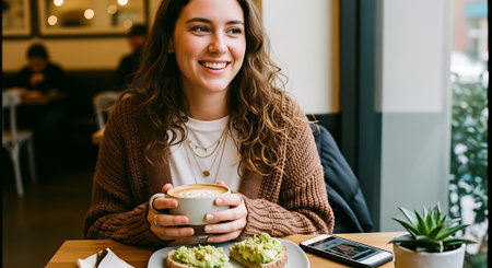 A young woman smiling while holding a cup of coffee, sitting at a table with avocado toast and a laptop in a cozy cafe.の素材