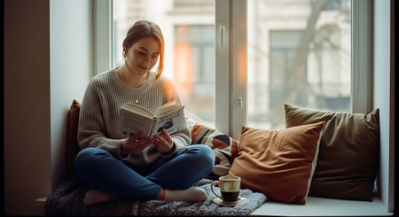 A woman sitting on the floor by a window, reading a book, with a cup of coffee and brown pillows.の素材