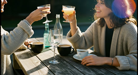 Two women clinking glasses with orange drinks at a wooden table with coffee cups and bottles.の素材