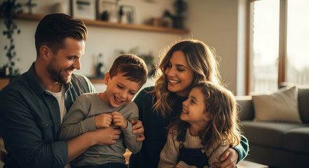 A joyful family of four, including parents and two children, laughing and embracing on a cozy couch in a warmly lit living room.の素材