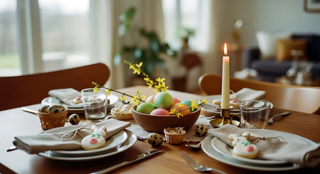 A beautifully set Easter table with decorated eggs, pastries, and a lit candle. The table features a rustic wooden surface with elegant place settings and spring flowers.の素材