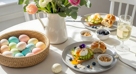 A beautifully set table with colorful Easter eggs, a floral arrangement, and a gourmet brunch featuring avocado toast, pastries, and a glass of white wine.の素材