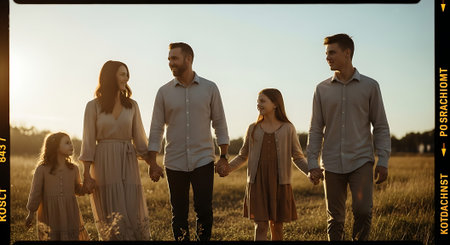 Happy family holding hands, standing in the field and looking at the sunsetの素材