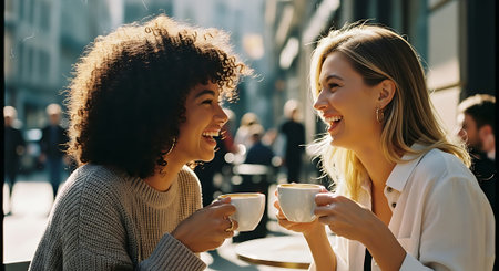Two smiling women clinking coffee cups together at an outdoor cafe, enjoying a sunny day in the city.の素材