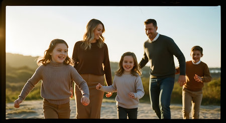 A joyful family of five, including parents and three children, running together on a beach during sunset with warm lighting and scenic hills in the background.の素材