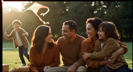 A joyful family of five sits in a park, smiling and embracing, with a child flying a kite in the background during sunset.の素材