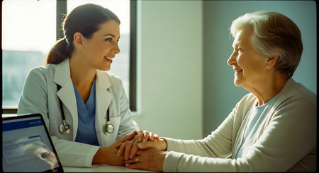 A young female doctor in a white coat and blue scrubs holds hands with an elderly woman, offering comfort and support in a bright, modern medical office.の素材