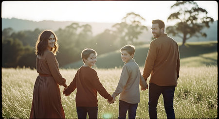 A family of four, two adults and two children, walking hand in hand in a sunlit field with rolling hills and trees in the background.の素材
