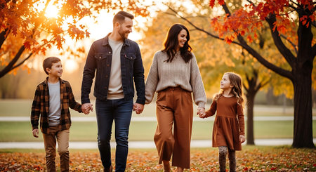 A joyful family of four holding hands while walking in a park during autumn, surrounded by colorful fall leaves.の素材