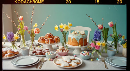 Vibrant Easter celebration with pastel flowers, colorful cakes, and various pastries arranged on a table with white plates and cutlery.の素材