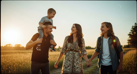 A joyful family of four, including a child being carried, walking hand-in-hand in a sunlit field at sunset.の素材