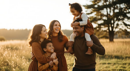 A joyful family of five, including parents and three children, in a field at sunset. The parents are lifting the youngest children, creating a warm and loving atmosphere.の素材
