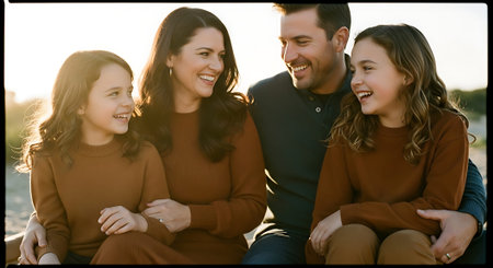A joyful family of four, two parents and two daughters, sitting close together outdoors, laughing and enjoying each other's company during sunset.の素材