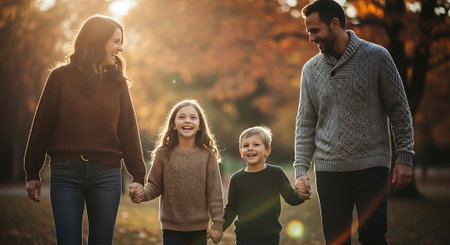 A family of four holding hands and walking in a sunlit autumn forest. The warm light creates a serene and joyful atmosphere.の素材