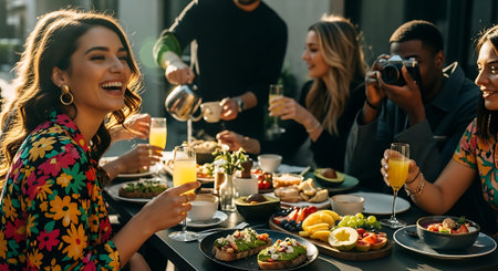 A lively group of friends gathered around a table filled with colorful food and drinks, laughing and taking photos at an outdoor restaurant.の素材