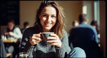 A smiling woman holding a white coffee cup in a bustling cafe setting.の素材
