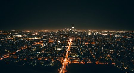 Aerial view of a bustling city at night, illuminated by street lights and building lights, with a prominent tall structure in the center.の素材