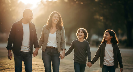 A joyful family of four holding hands and walking in a park during sunset, with warm lighting and natural surroundings.の素材