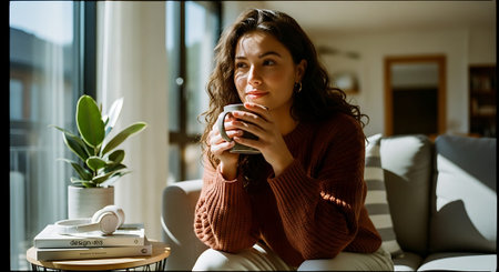 A woman with curly hair wearing a brown sweater drinks from a mug in a bright, modern living room with a plant and books.の素材