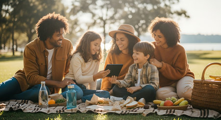 A diverse family of five sits on a picnic blanket in a park, using a tablet together and surrounded by fruit and drinks.の素材