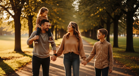 A joyful family of four strolls down a tree-lined path in a park during autumn, with warm sunlight filtering through the leaves.の素材