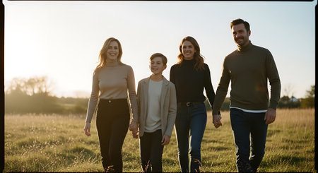 A joyful family of four, two adults and two children, walking hand in hand in an open field during sunset.の素材