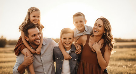 A joyful family of five, including parents and three children, posing in a field during sunset with warm smiles and embracing each other.の素材