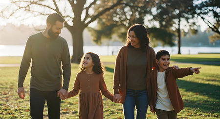 A joyful family of four walking hand-in-hand in a park during sunset, with trees and grass in the background.の素材