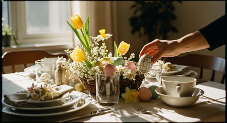 A hand pouring tea into a cup at a beautifully set table with floral arrangements, yellow tulips, white plates, and eggs in the sunlight.の素材
