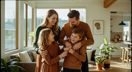 A joyful family of four embracing in a sunny, modern living room with large windows, indoor plants, and warm decor.の素材