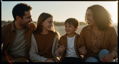 A joyful family of four, two adults and two children, smiling and embracing during a beautiful sunset.の素材