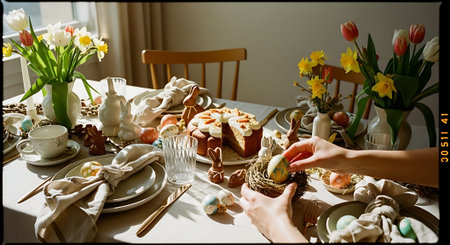 A festive Easter table setting with colorful eggs, pastries, and flowers. Hands reach for treats among the decorated spread.の素材