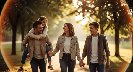 A joyful family of four strolls hand-in-hand through a sunlit park during autumn, surrounded by tall trees.の素材