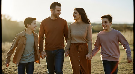 A joyful family of four, two adults and two children, walking hand in hand in a field during sunset.の素材
