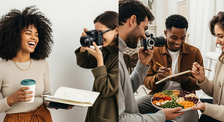 Four friends laughing and taking photos with cameras, one holding a salad bowl, another with a notebook and coffee cup.の素材