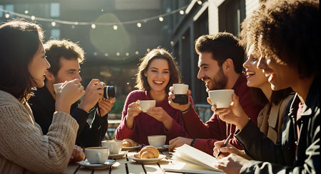 A cheerful group of friends gathered around a table at an outdoor cafe, holding coffee cups and smiling while engaging in conversation.の素材