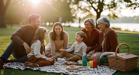 A happy multi-generational family enjoying a picnic in a park with children, food, and drinks on a blanket.の素材