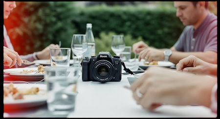 People dining at an outdoor table with plates of food, glasses of water, and a black DSLR camera placed centrally.の素材