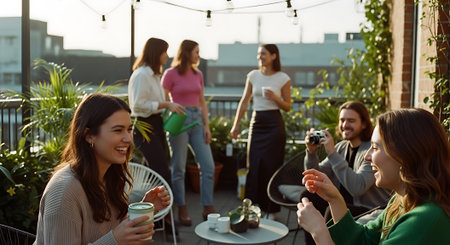 A group of friends socializing on a rooftop patio with plants, enjoying drinks and conversation during sunset.の素材