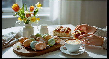 A person savoring a pastry and coffee at a table set with colorful Easter eggs, fresh flowers, and a warm, inviting atmosphere.の素材